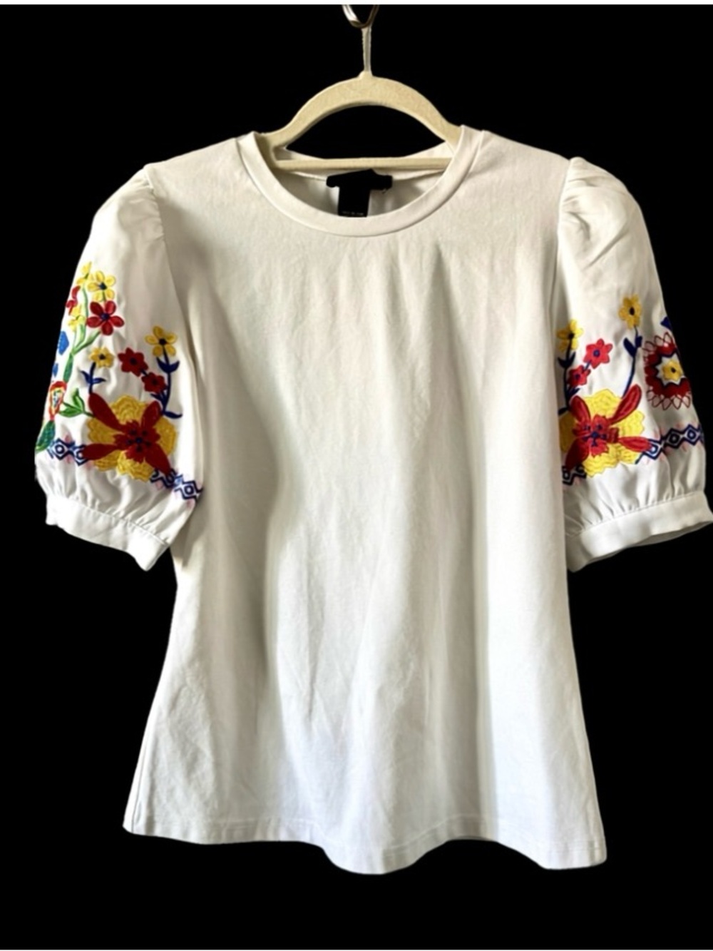 Gracia White Peasant Puff Sleeve Top with Colorful Floral Embroidery